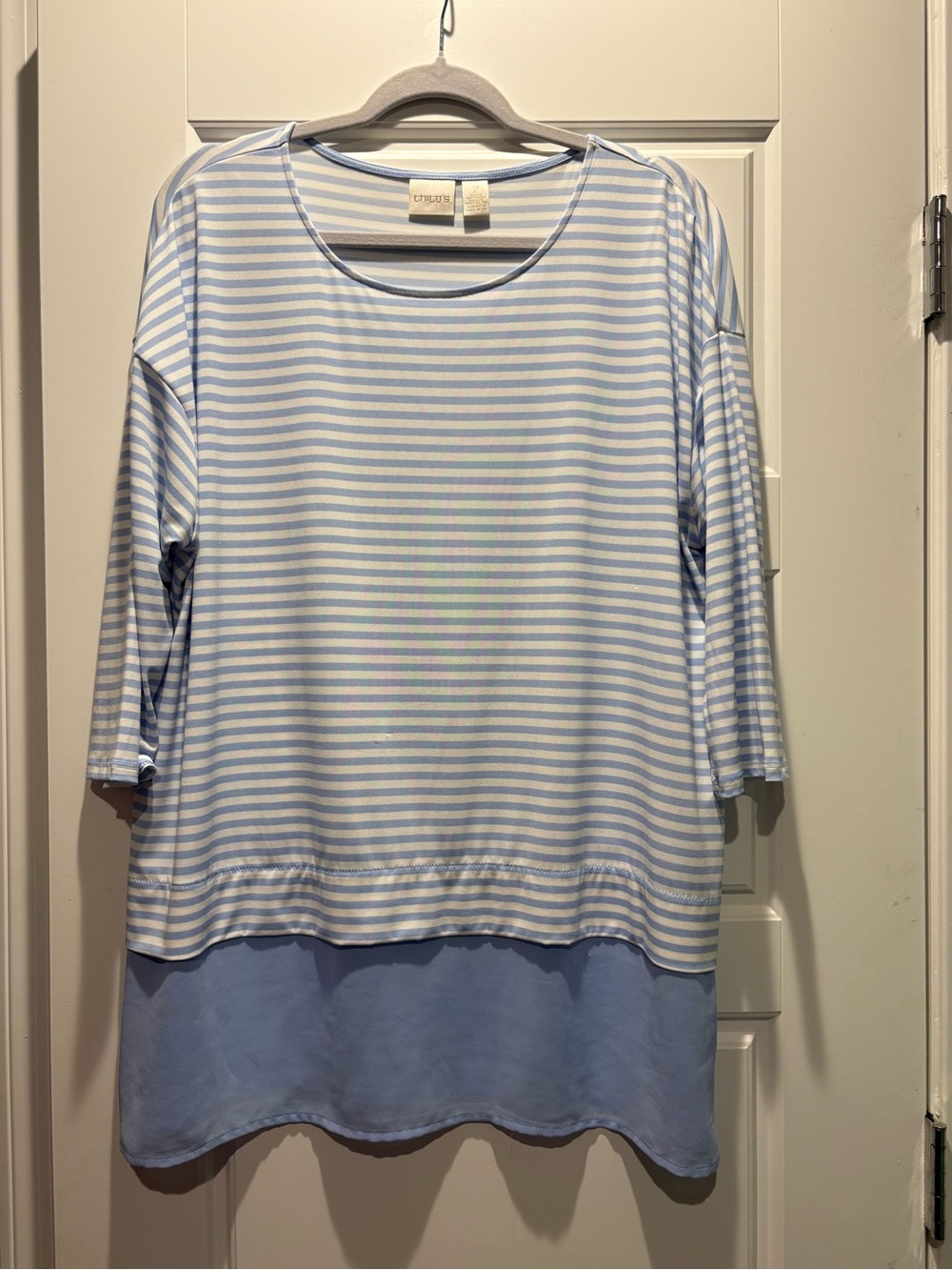 Chico’s Size 2 L Blue White Striped Layered Tunic Top 3/4 Sleeve Coastal